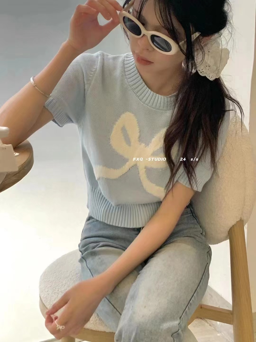 BB家蝴蝶結元素24新款高級熱賣簡約甜美韓系針織圓領短袖套頭減齡