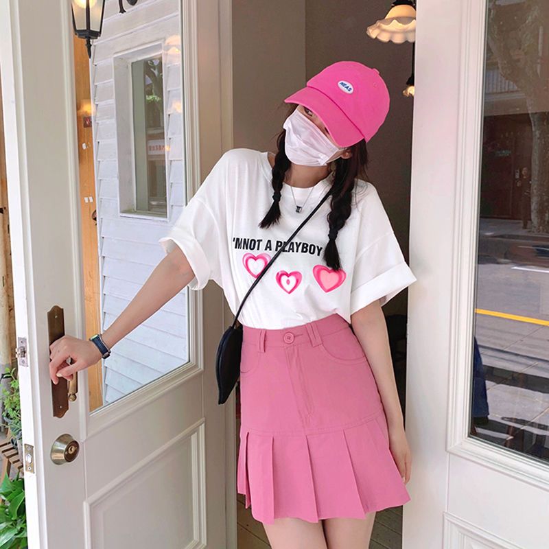 白色愛心印花短袖T恤女夏季新款百搭寬鬆韓系ins潮短袖女上衣
