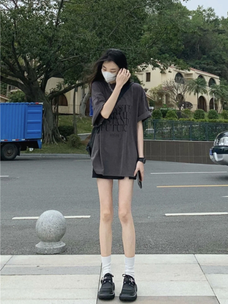 220克抖音爆款落肩寬鬆版型精梳純棉後包邊短袖T恤印花款