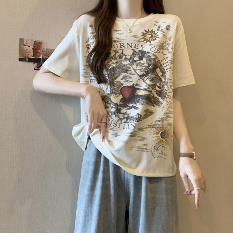 實拍  21支純棉高緊密 2024夏裝前後印花短袖T恤女寬鬆