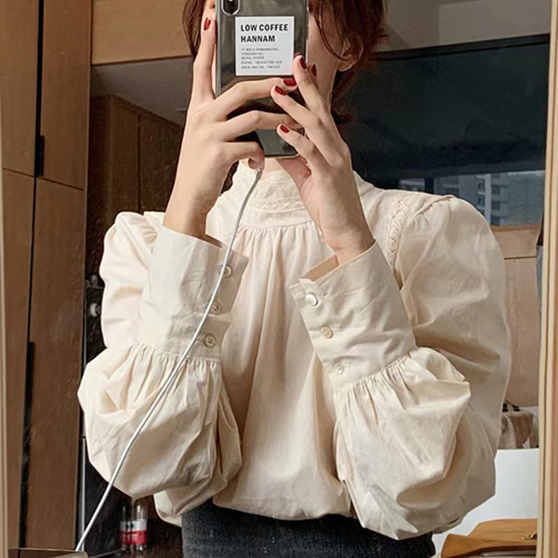 春秋季蕾絲衫女長袖女網紗泡泡袖半高領超仙白襯衫