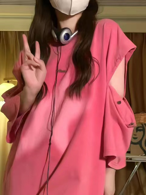 2024新款夏季辣妹寬鬆上衣設計感小眾 美式復古潮牌粉色短袖t恤女