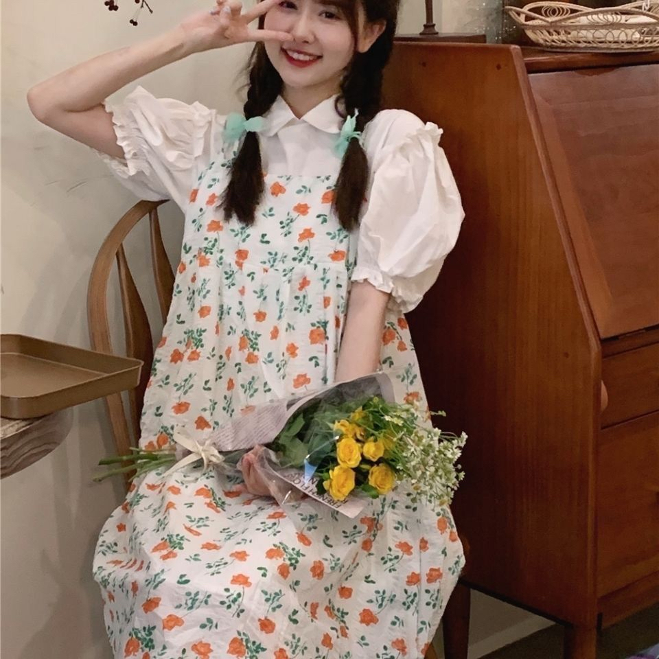 新款女裝法式甜美長裙吊帶碎花連衣裙子小個子兩件套夏季