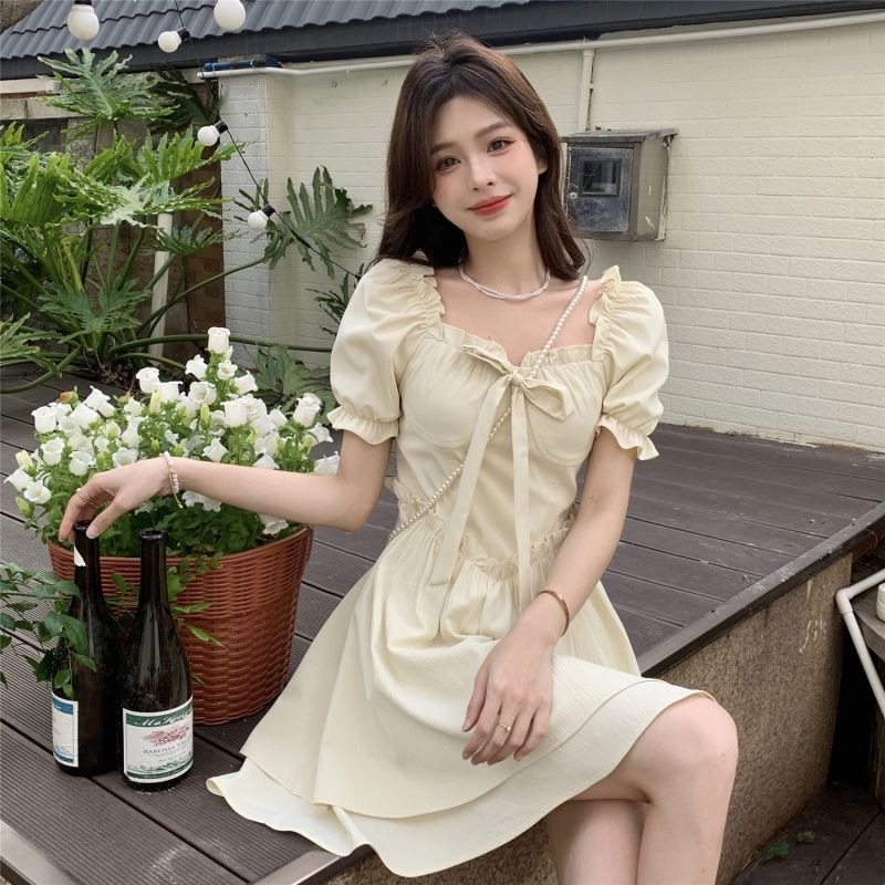 下拉鏈：欲茶歇法式初戀連衣裙子設計感小眾泡泡袖仙女裙夏季