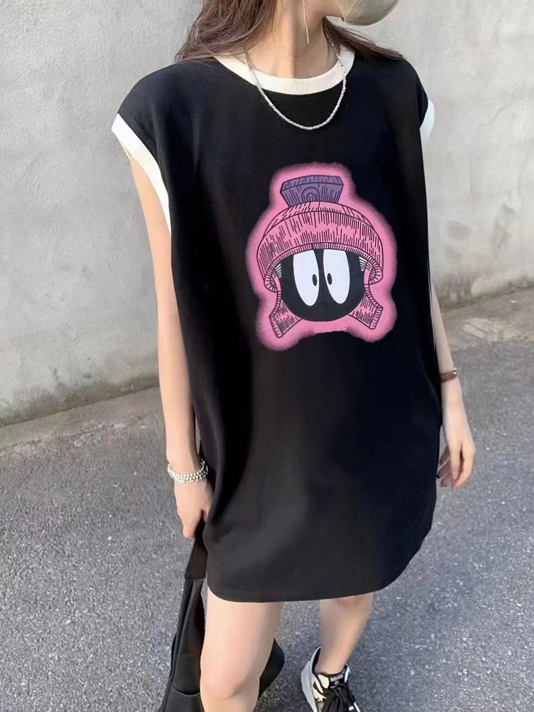 夏季韓版新款寬鬆卡通圖案圓領無袖中長款T恤女百搭洋氣休閒上衣