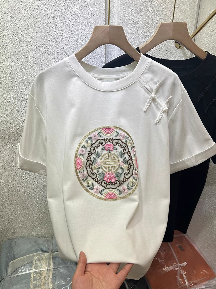 韓版國風民族風刺繡鏤空盤扣短袖T恤女春秋新款氣質別致內搭上衣