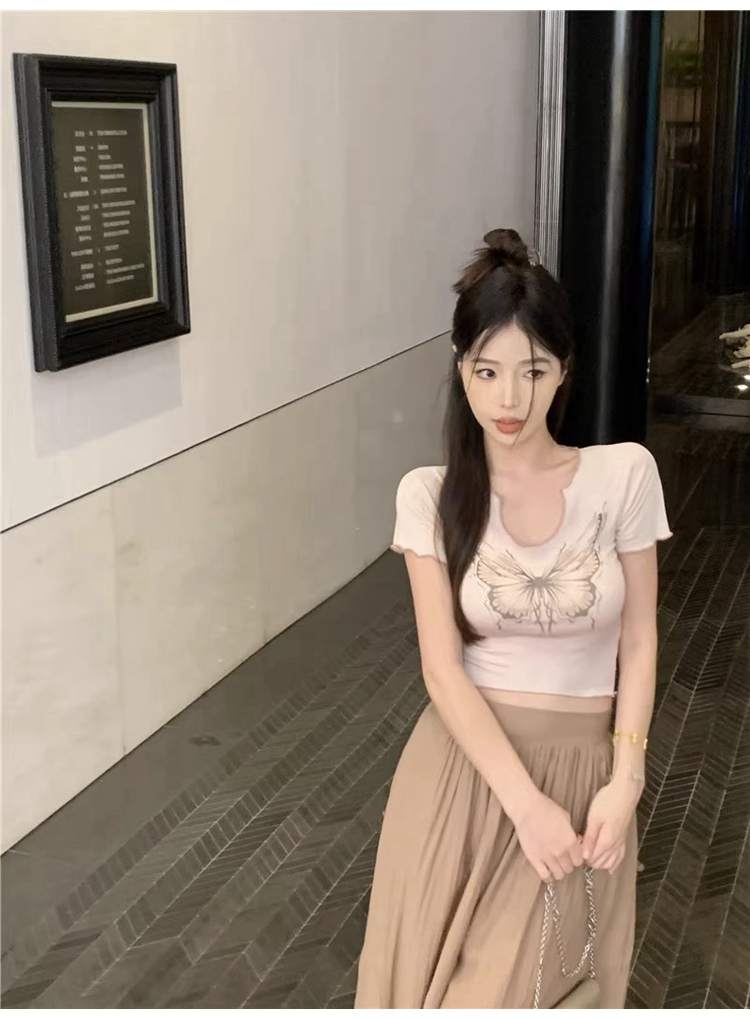 棉 時尚超火美式蝴蝶暈染印花短袖上衣女夏季新款純欲風T恤潮