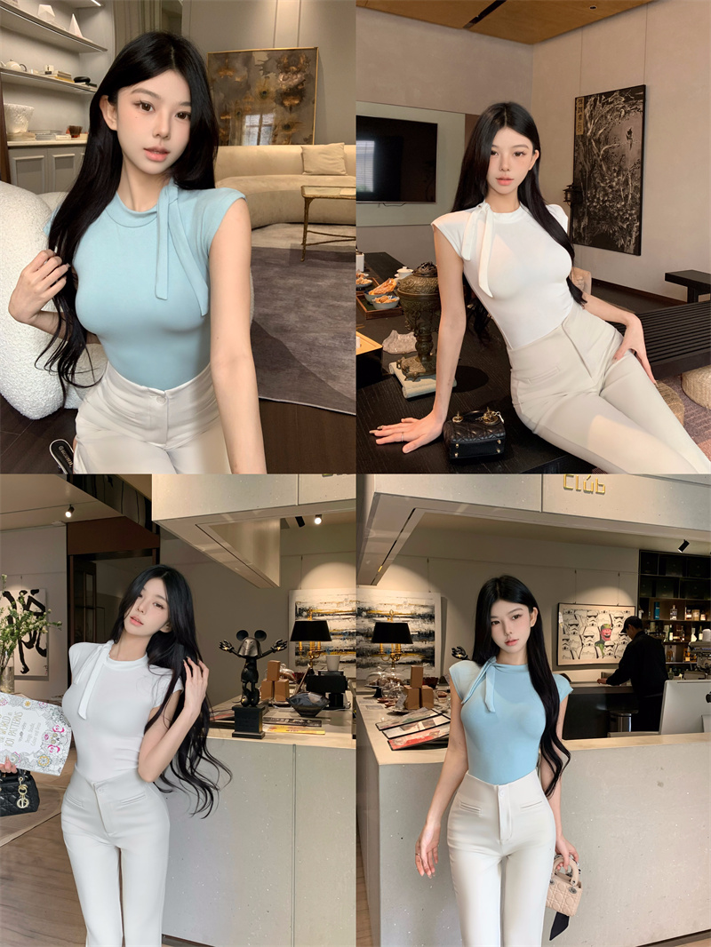 實拍 圍巾領短袖T恤 夏季女人味時尚百搭氣質顯胸修身上衣
