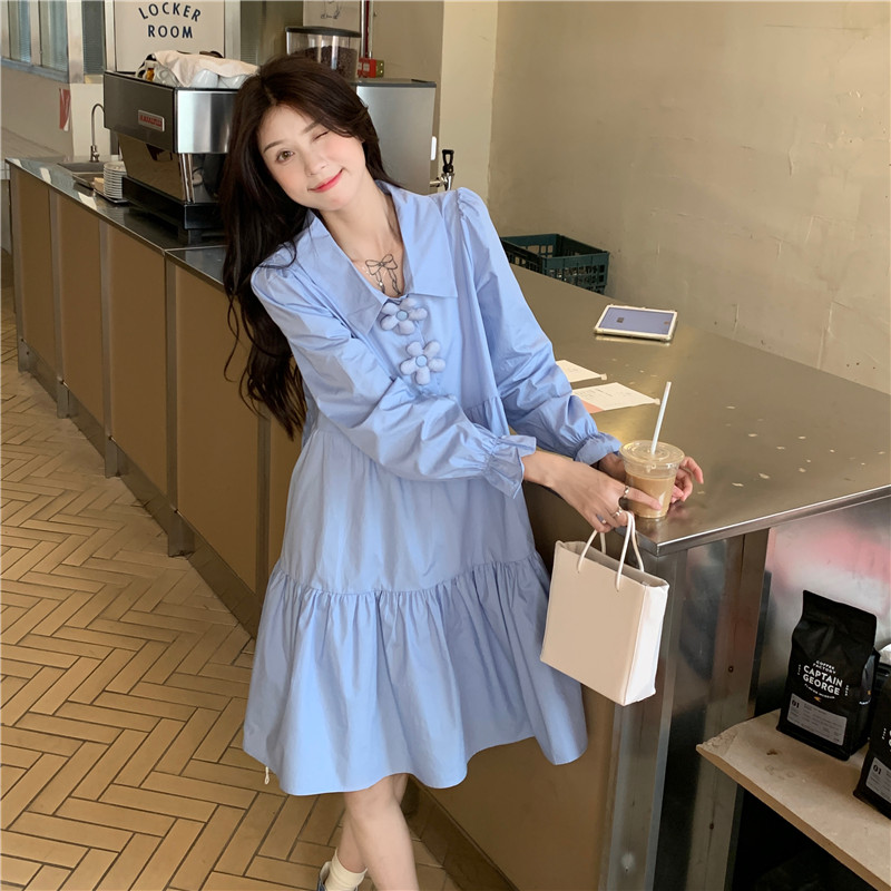 藍色長袖襯衫連衣裙女裝春季新款法式初戀小個子別致奶甜裙子