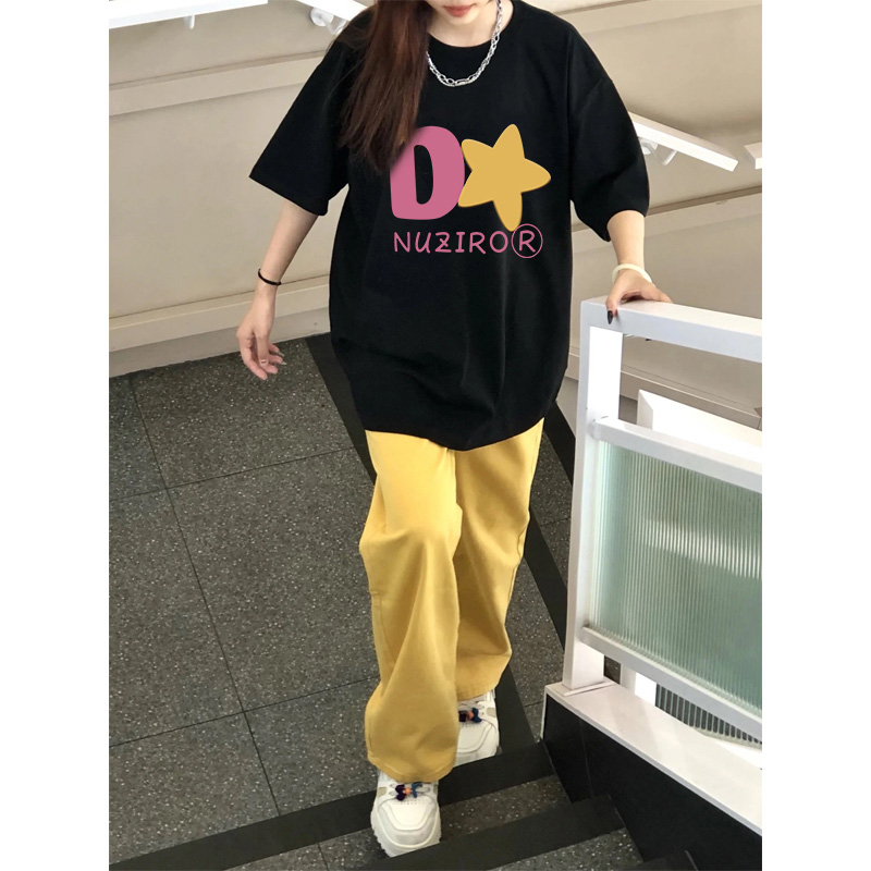 200克 精梳純棉新款T恤女寬鬆大碼設計潮牌版印花上衣