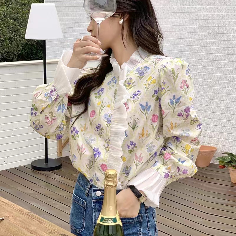 韓系甜美減齡花邊拼接木耳邊碎花寬鬆長袖襯衫