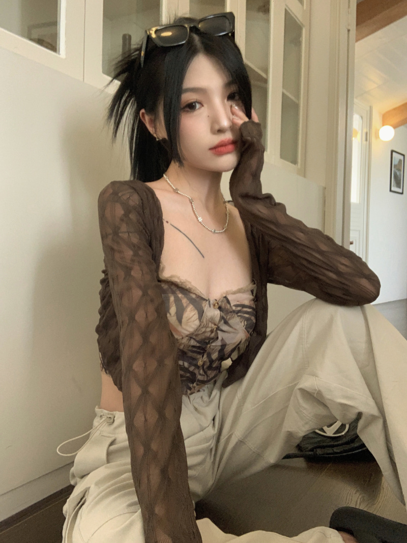 實拍 復古蕾絲花邊吊帶小背心女辣妹純欲風+防曬開衫兩件套