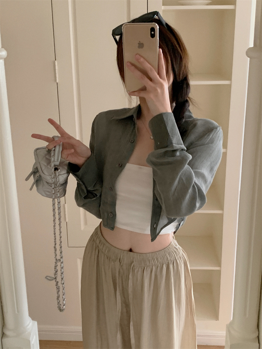 實拍~2024新款氣質亞麻短款長袖襯衣防曬女