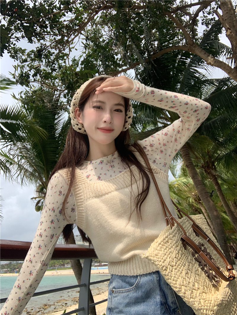 實拍 新款 甜美風韓系疊穿針織毛衣馬甲背心+碎花打底衫