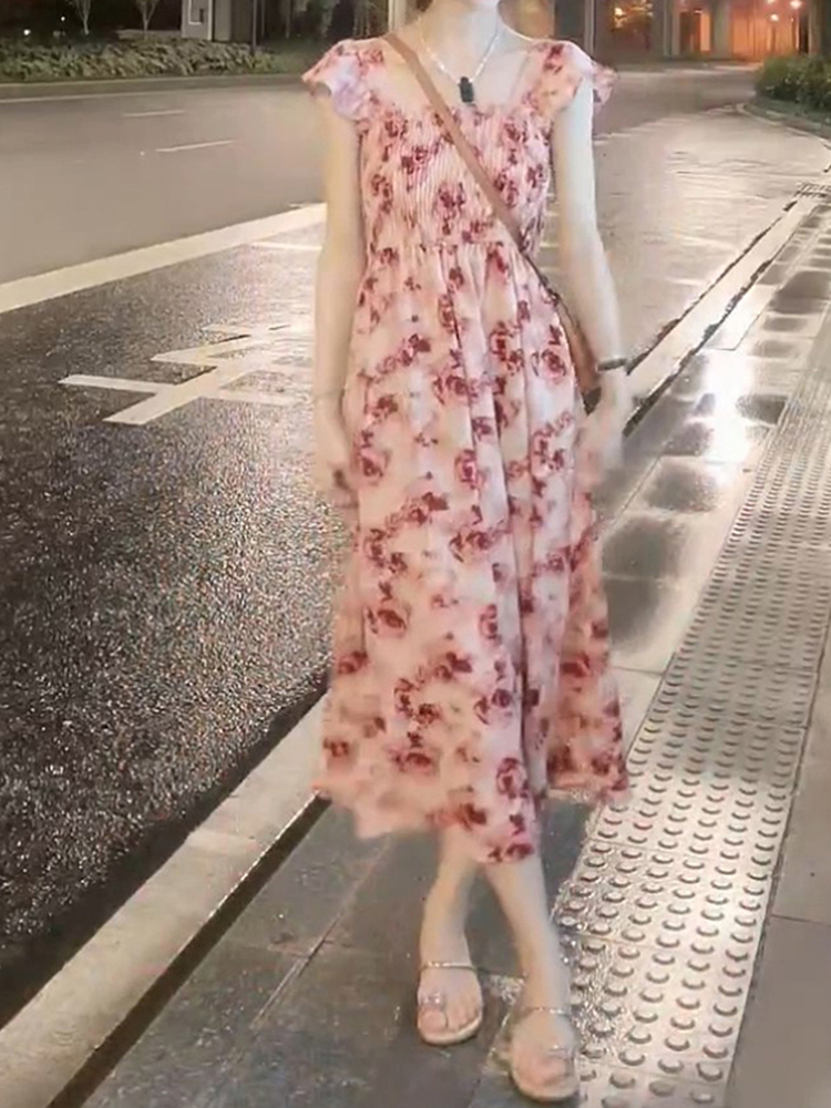 法式玫瑰女夏季2024新款時尚收腰顯瘦雪紡中長款印花小飛袖連衣裙