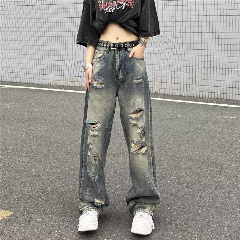Ripped jeans women's spring retro pants design niche loose straight wide leg floor mopping trousers ins trend