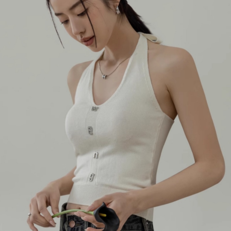 港風性感掛脖吊帶上衣女內搭純欲辣妹美背修身針織背心打底外穿夏