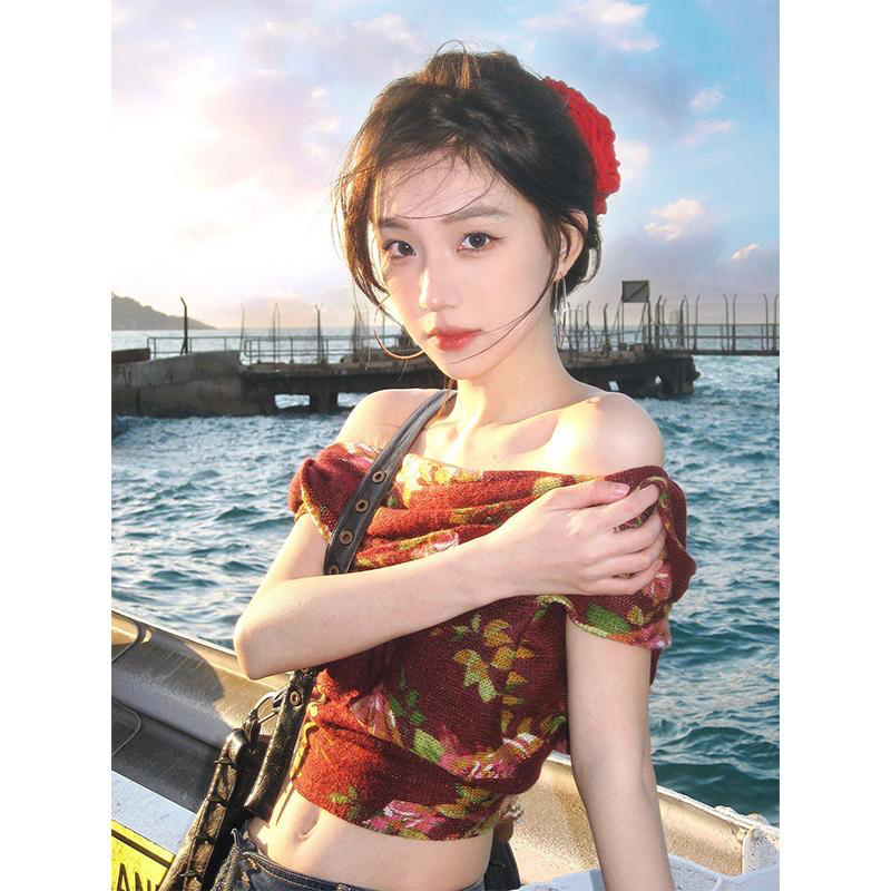 夏季碎花不規則一字肩背心短款氣質辣妹2024新款設