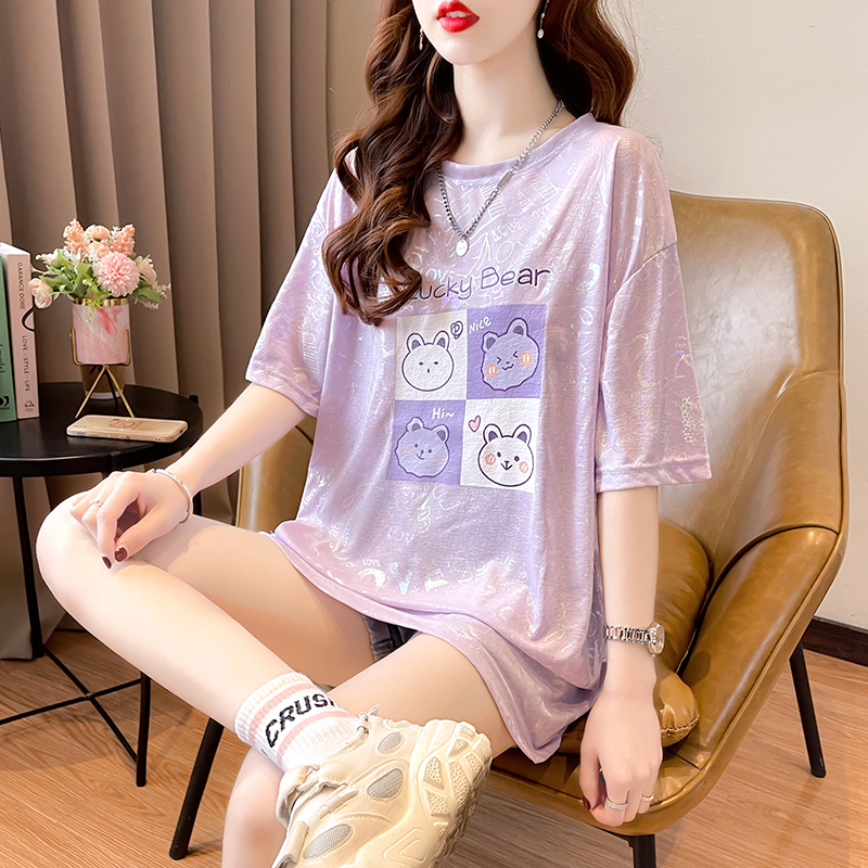 實拍 冰絲麻布2024新款夏季薄款韓版寬鬆大版燙金短袖T恤女