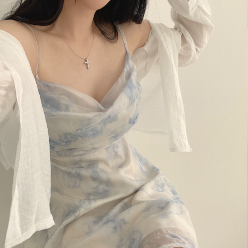 韩国chic夏季气质小清新水墨画印花镂空露背小个子雪纺吊带连衣裙