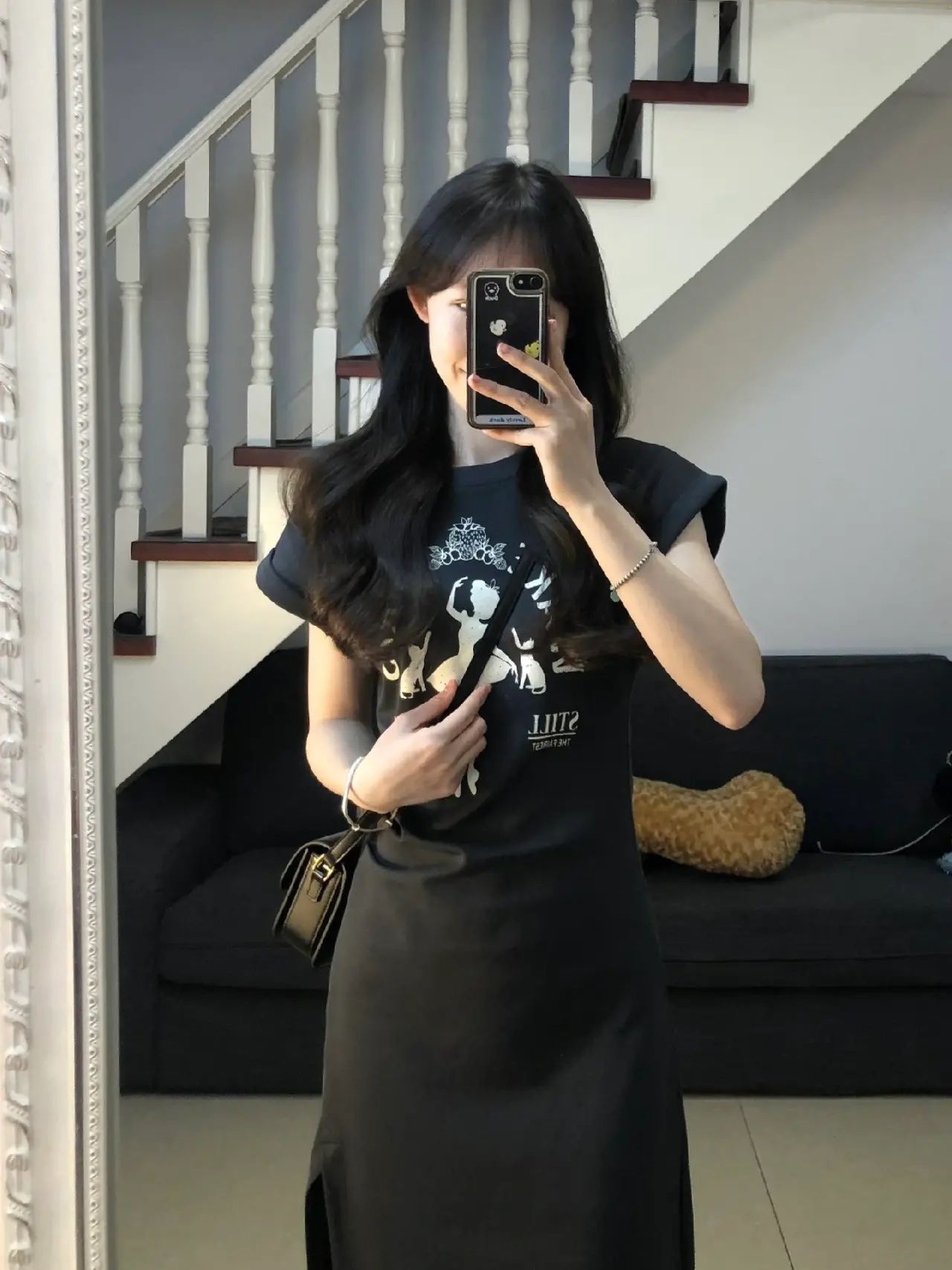 美式印花休閒風t恤連衣裙女裝夏季收腰修身顯瘦開叉中長裙小個子