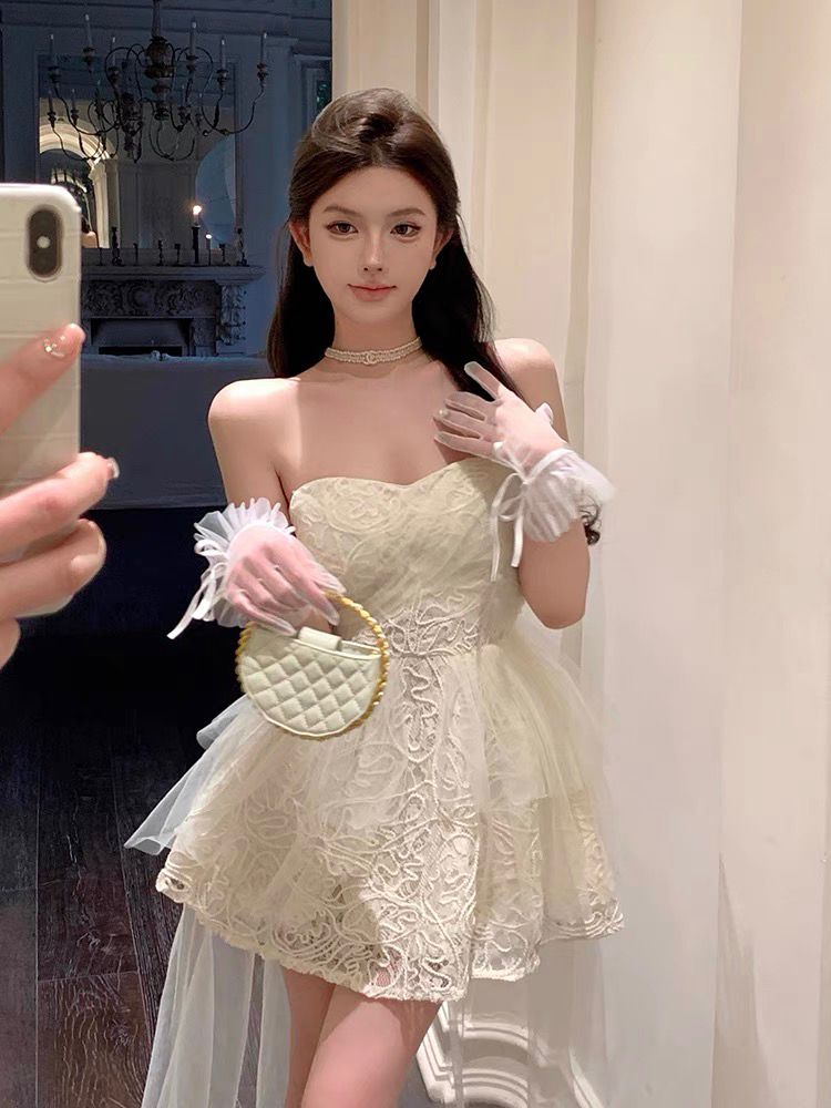 法式超仙氣質公主小禮裙純欲風甜辣妹性感蕾絲抹胸吊帶連衣裙春夏