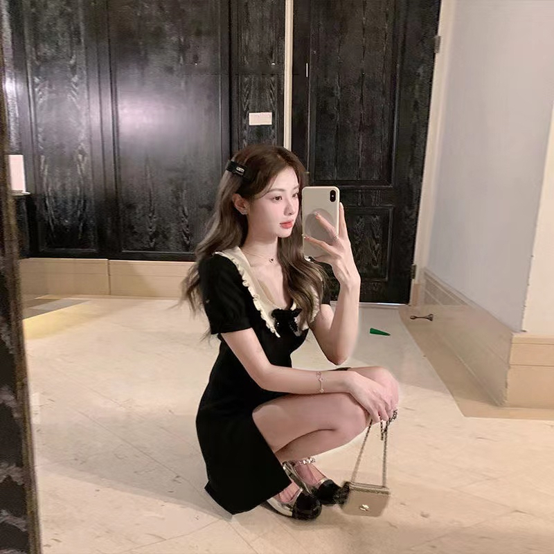 法式小個子茶歇純欲香風甜美鑽扣蝴蝶結包臀短袖性感連衣裙女夏季