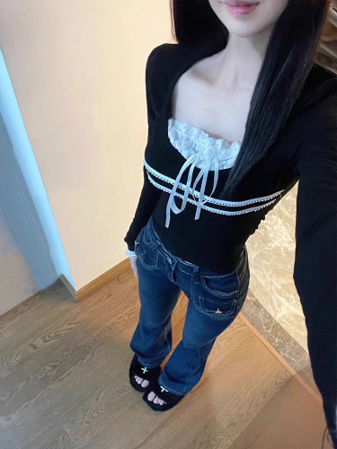 Pure Cotton Combed 1*1 Heavy Work Original Quality V-Neck Lace Long Sleeve Women's Sweet & Spicy Short-Sleeve Top