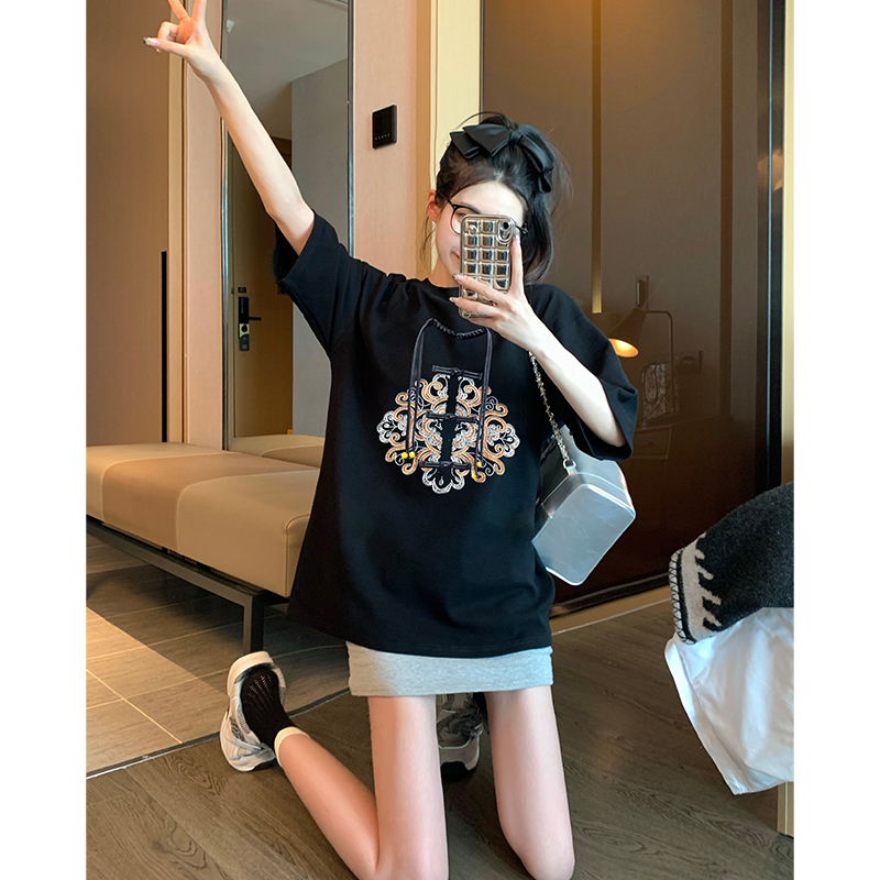 黑色新中式國風短袖t恤女夏季設計感小眾百搭寬鬆上衣21支純棉