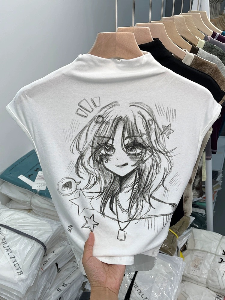 獨特别致美式甜酷辣妹修身半高領背心打底衫背心上衣無袖t恤女夏