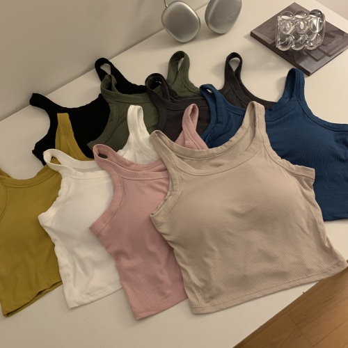 Actual shot of spring solid color versatile sports short camisole with chest pad for outer wear and beautiful back sleeveless top