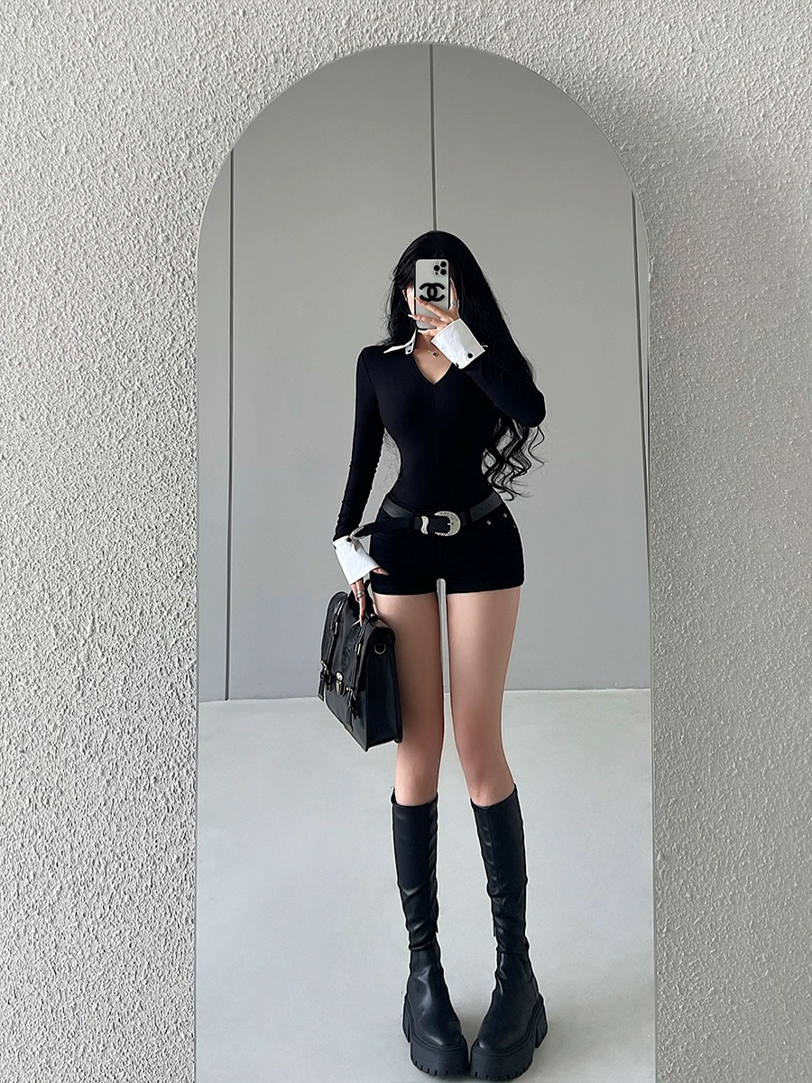 YoungGirlDay美式辣妹性感低腰緊身彈力牛仔短褲包臀熱褲含腰帶潮
