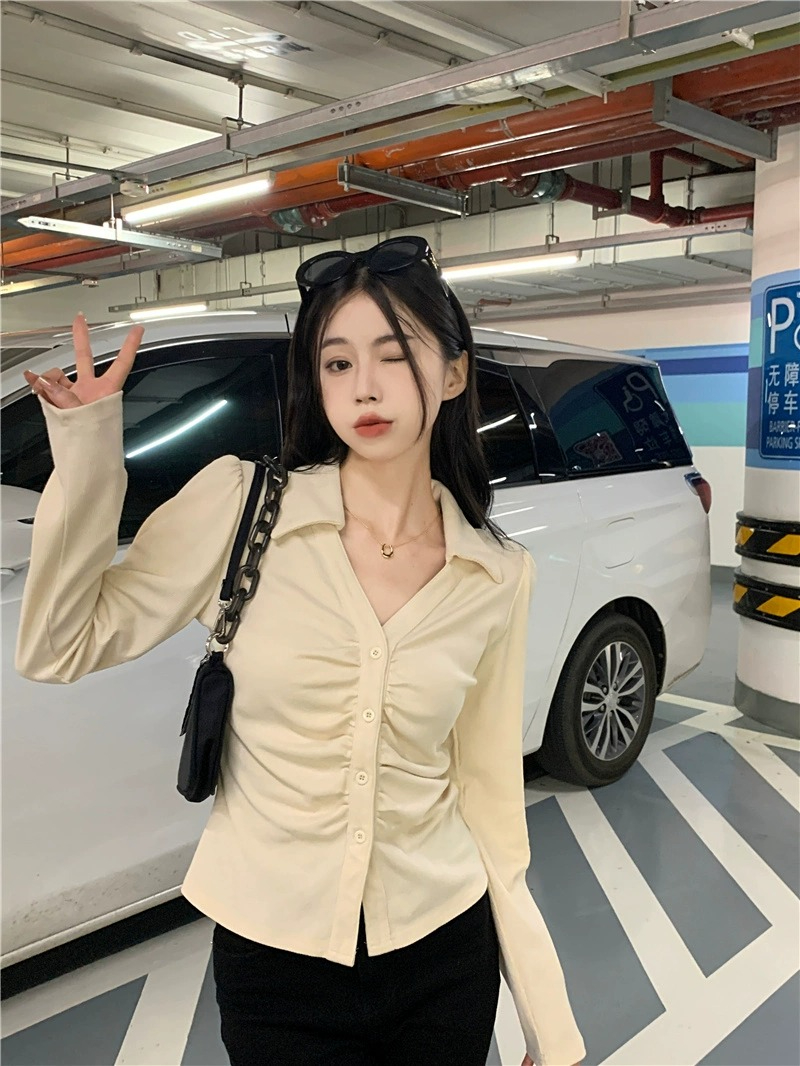 大碼微胖秋季翻領褶皺長袖正肩襯衫女胖MM設計感小眾收腰顯瘦上衣