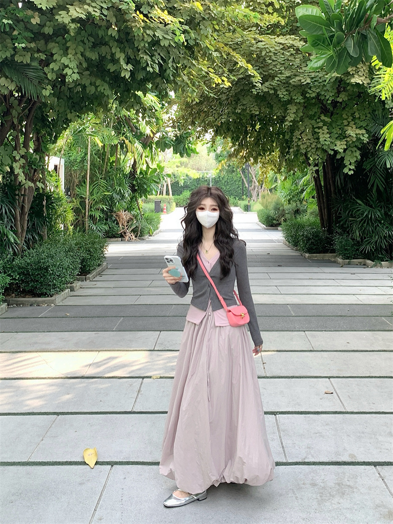 實拍#純欲撞色兩件套上衣女+工裝蓬蓬裙套裝兩件套