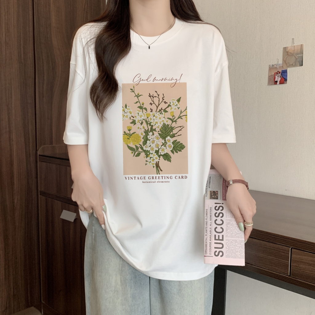 實拍 100%棉精梳純棉 印花夏裝短袖T恤女寬鬆韓版
