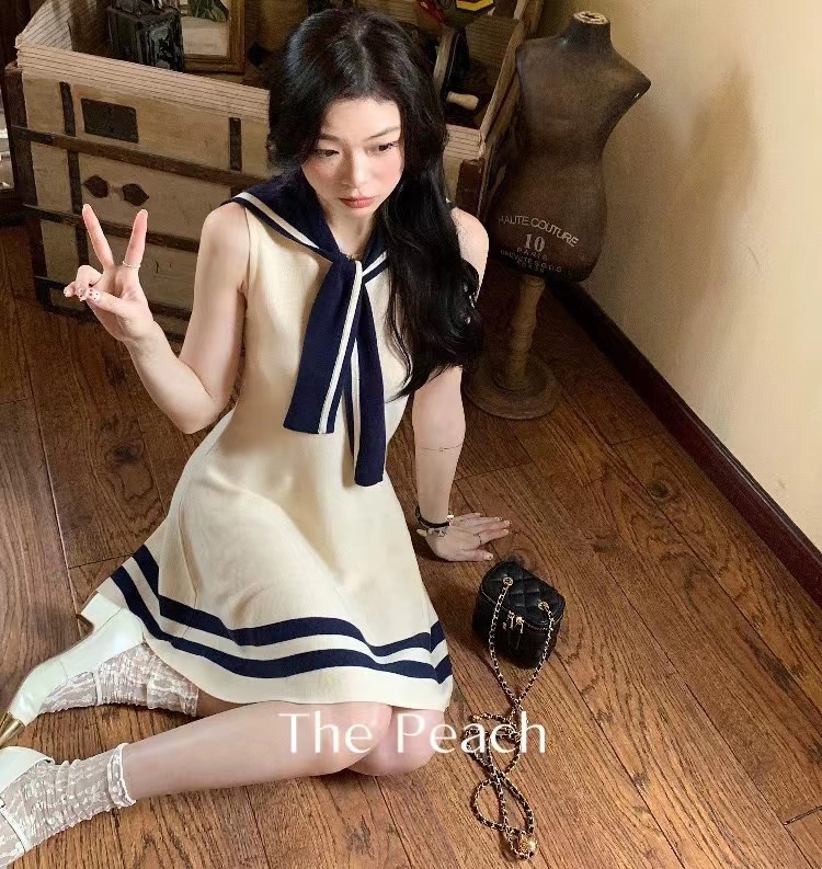 thepeachofficial夏日派對少女海軍領連衣裙翻領顯白針織裙