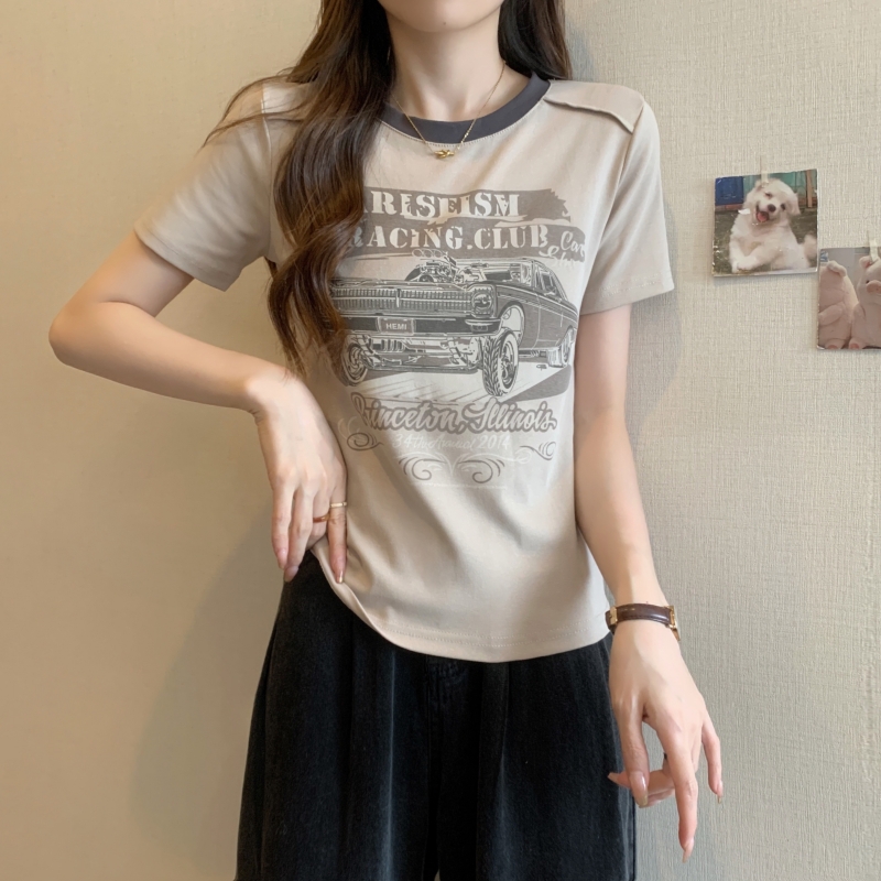 實拍  40支純棉 2024夏裝美式復古印花短袖T恤女洋氣