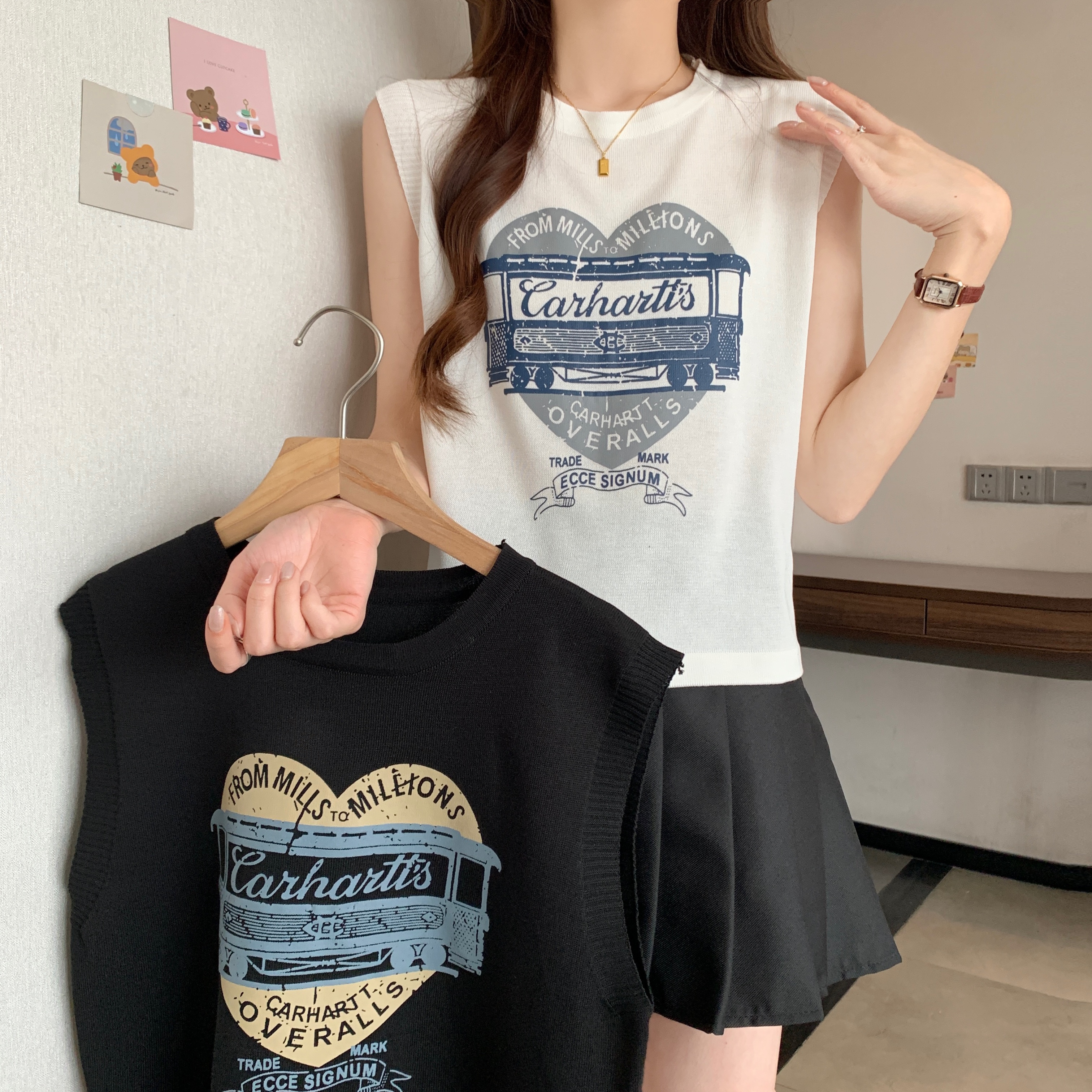 實拍 大碼夏季新款愛心無袖t恤上衣女胖MM坎肩短款背心小個子
