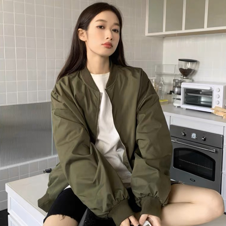 24新春韓國chic百搭薄款復古立領休閒寬鬆棒球服工裝夾克衫外套女