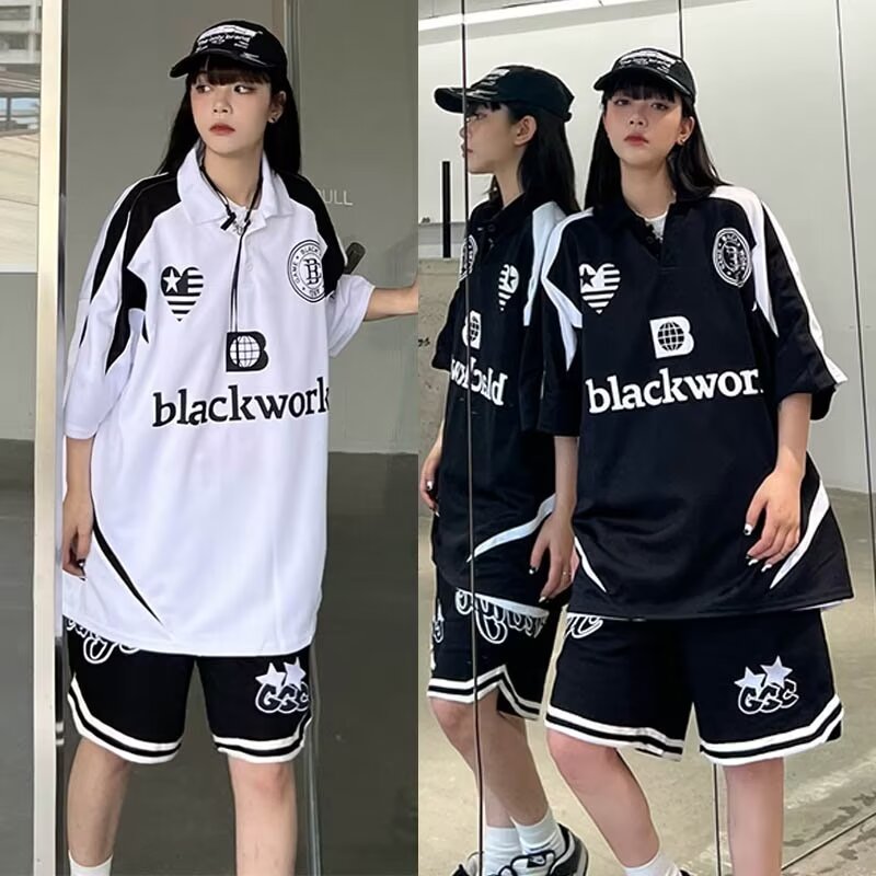 日系潮牌賽車服Polo衫夏季街頭嘻哈機車風個性印花翻領短袖T恤女