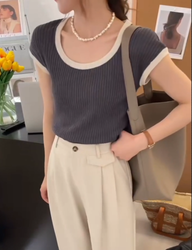 韩国chic别致撞色圆领针织背心女新款夏季设计感洋气套头上衣