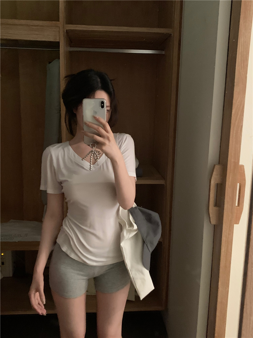Real shot of summer pure desire slightly see-through slim fit T-shirt hot girl sexy slim versatile short V-neck shoulder top