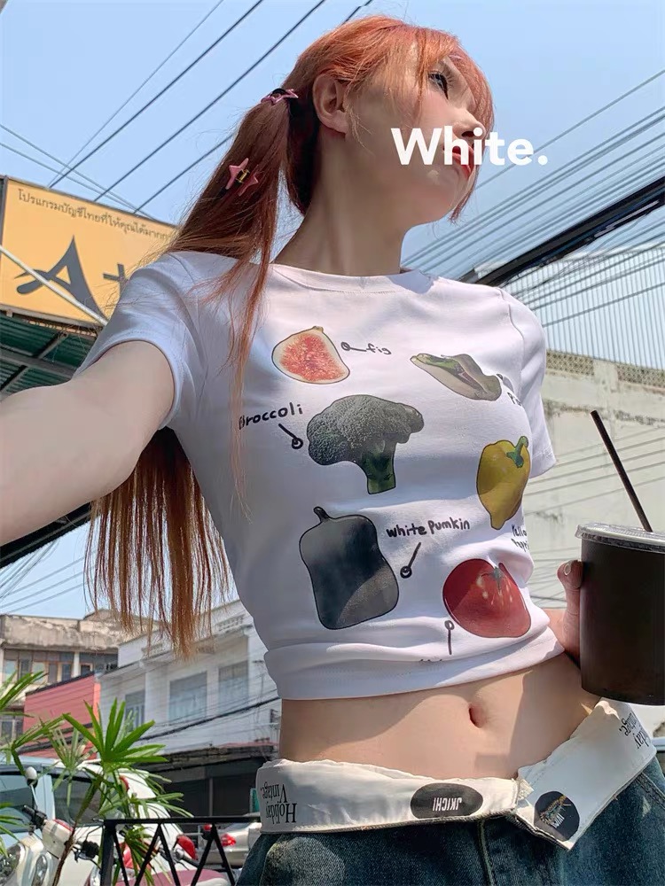蔬菜印花短款修身圓領短袖T恤女夏新辣妹可愛正肩上衣