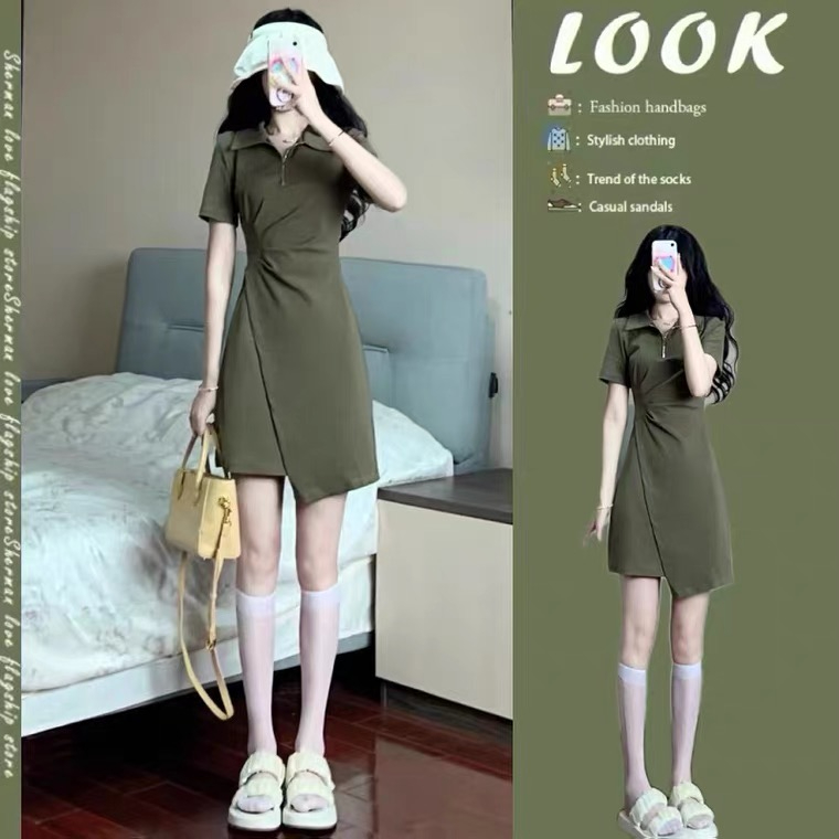 現貨收腰褶皺辣妹不規則T恤連衣裙女夏季修身POLO領短袖A字休閒裙