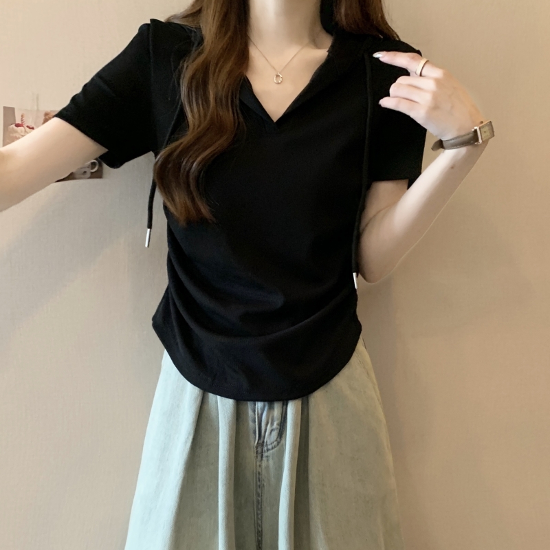實拍  40支純棉 2024夏裝連帽抽繩短袖T恤女純色上衣