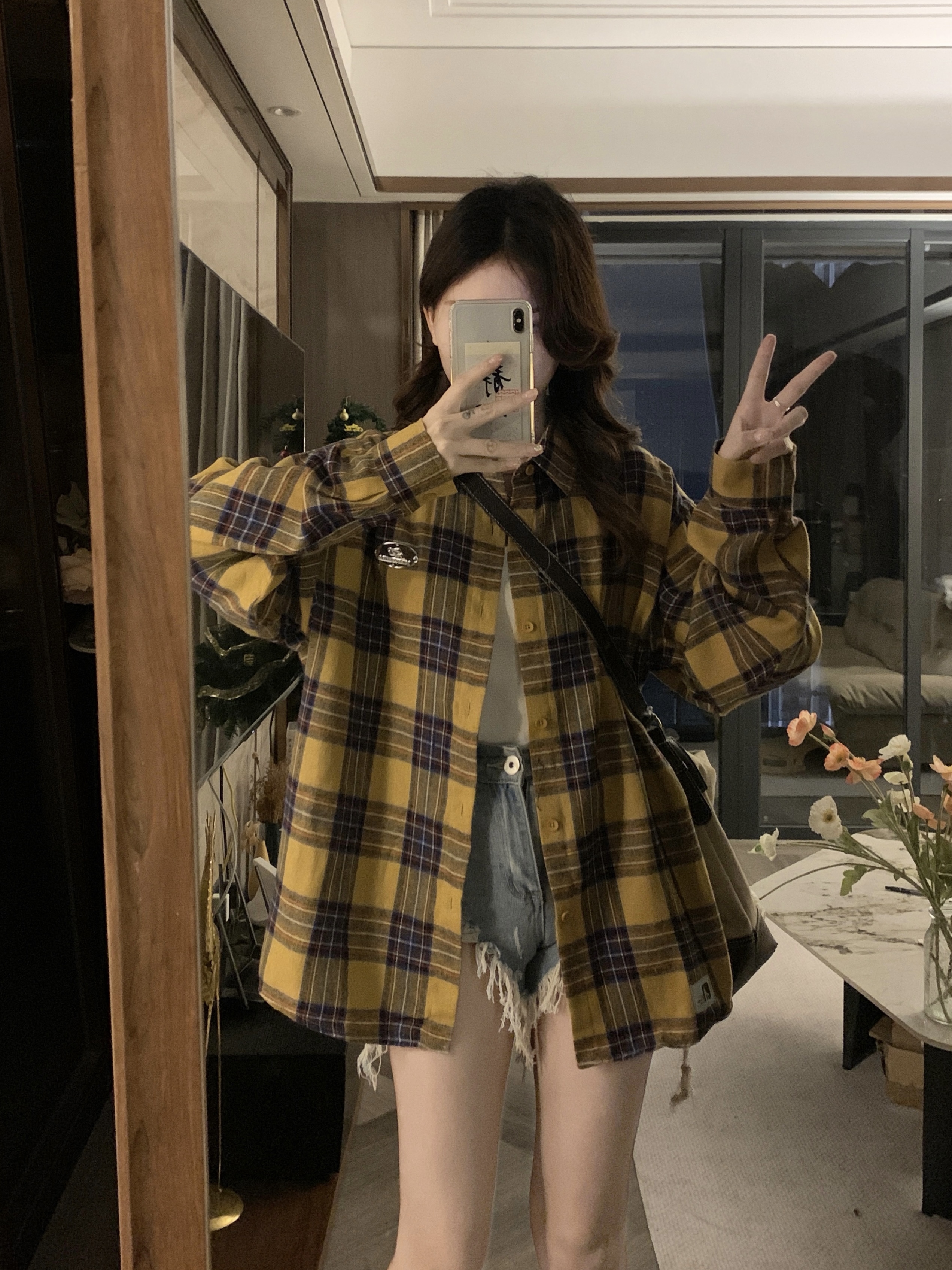 實拍原版色織春秋設計感小眾寬鬆復古Polo領長袖格子襯衫
