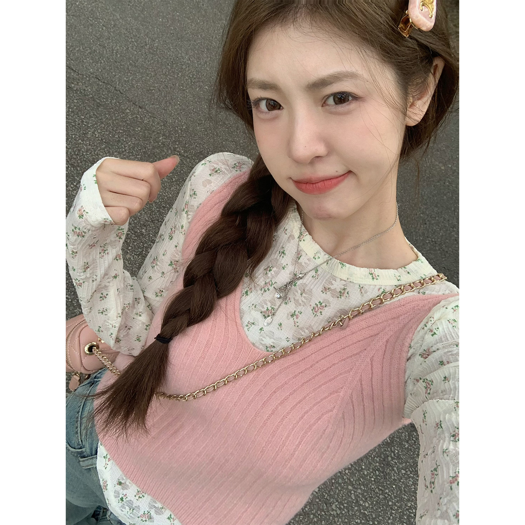 茶系穿搭一整套碎花上衣女早春季新款吊帶背心兩件套裝