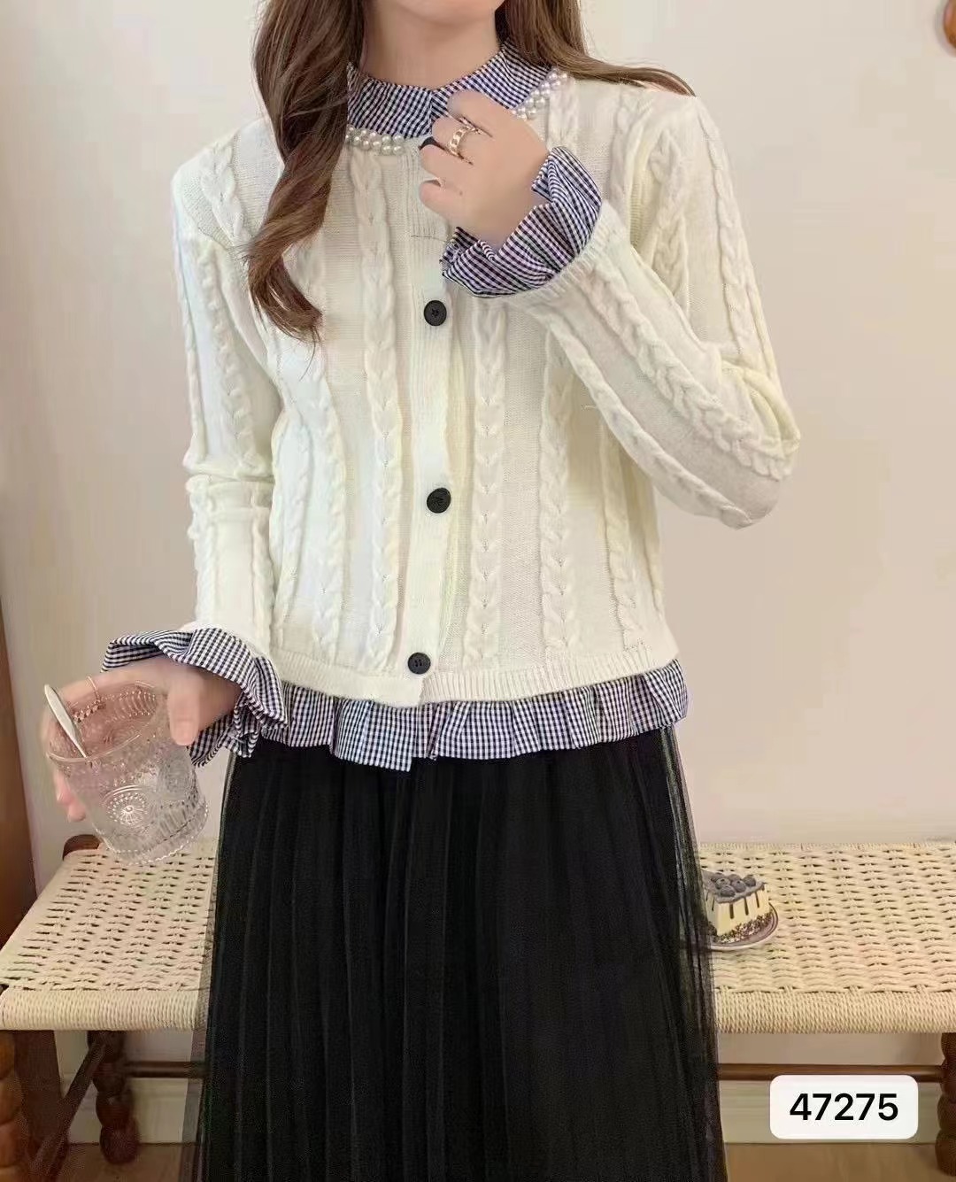 新款韓版時尚氣質假兩件麻花針織拼接長袖上衣女