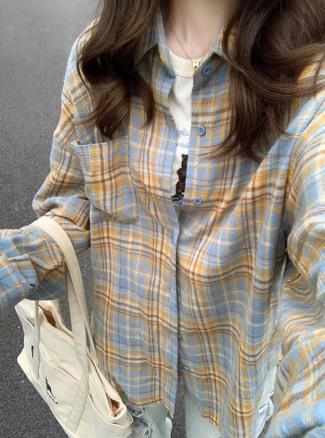 多巴胺輕奢高級純棉格子襯衫女內搭疊穿寬鬆休閒顯瘦長袖襯衣外穿