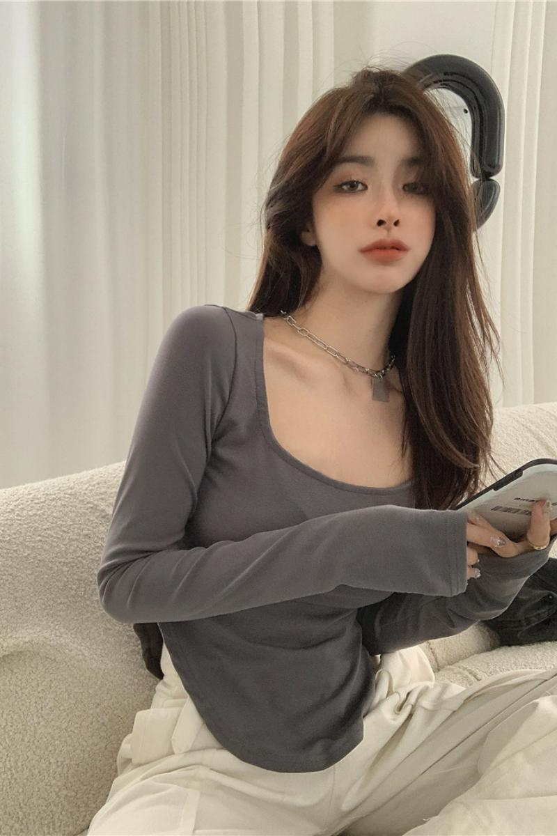 牛奶絲秋裝U領純色性感低領不規則修身長袖T恤女